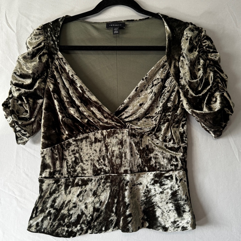 Top Shop Womens Size 6 Velvet Whimsigoth Babydoll Top Olive Green Fairy Grunge
